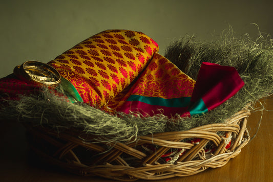 red and yellow indian silk saree