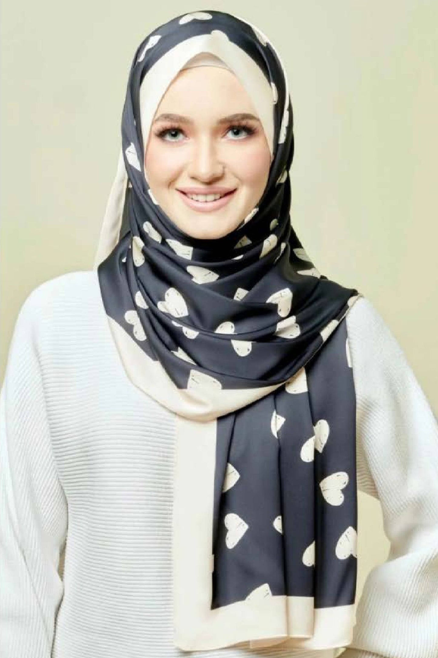 3 Piece Printed Heart Smoothy Silk Black Scarf Hijab For Women