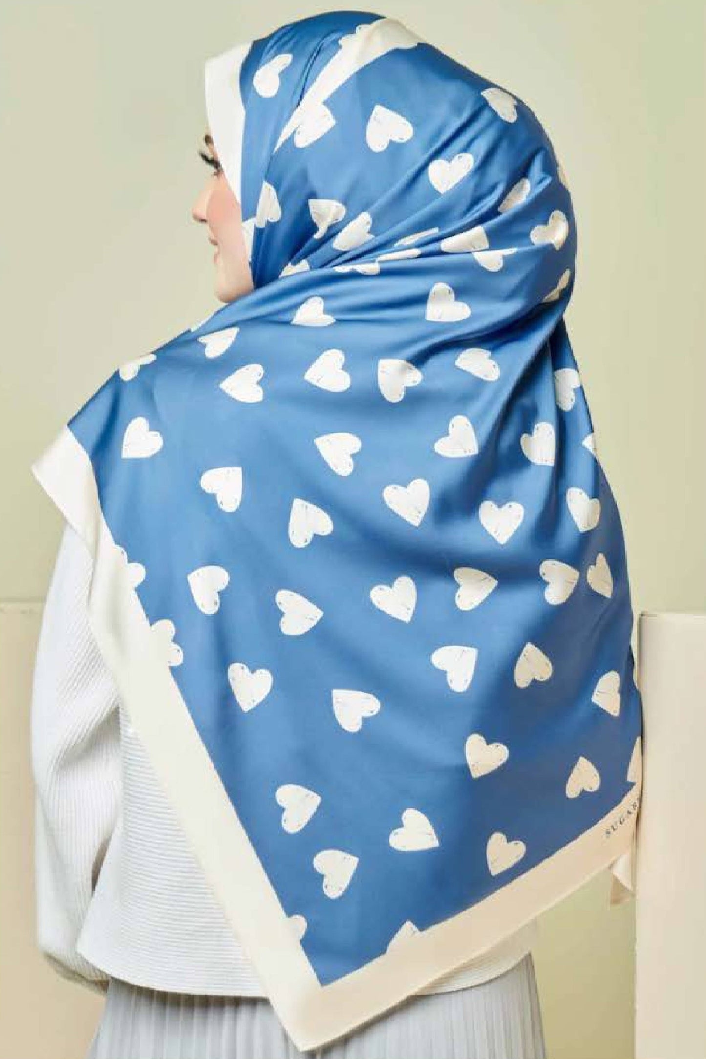 Printed Heart Smoothy Silk Blue Scarf Hijab For Women