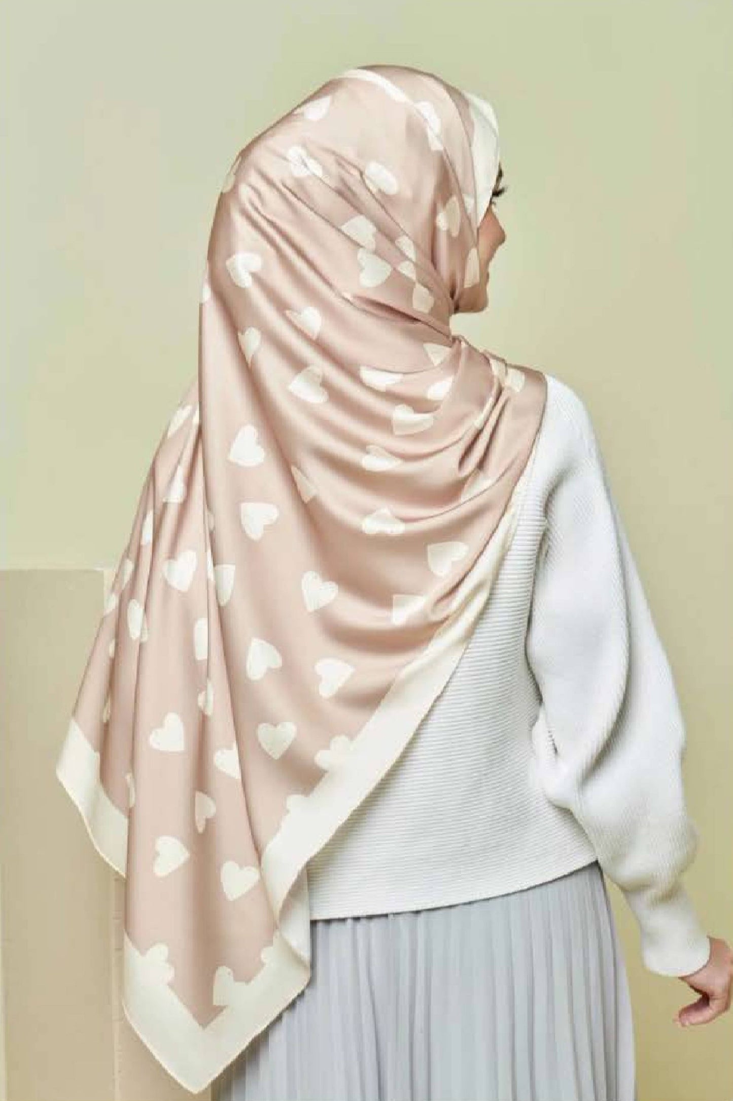 3 Piece Printed Heart Smoothy Silk Beige Scarf Hijab For Women