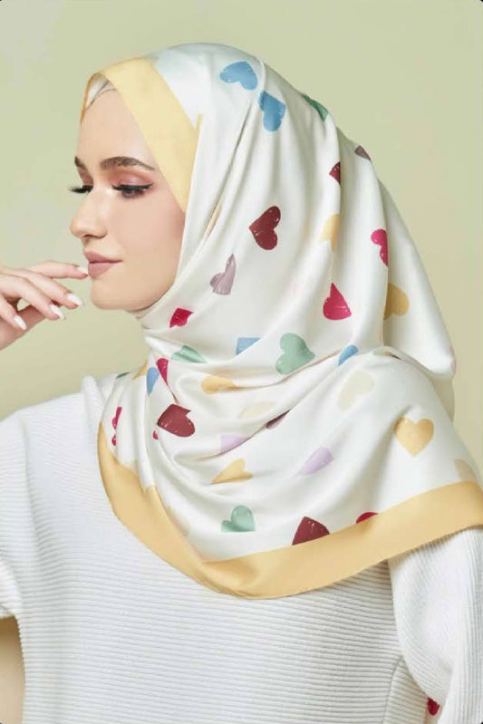3 Piece Printed Multicolor Heart Smoothy Silk Scarf Hijab For Women
