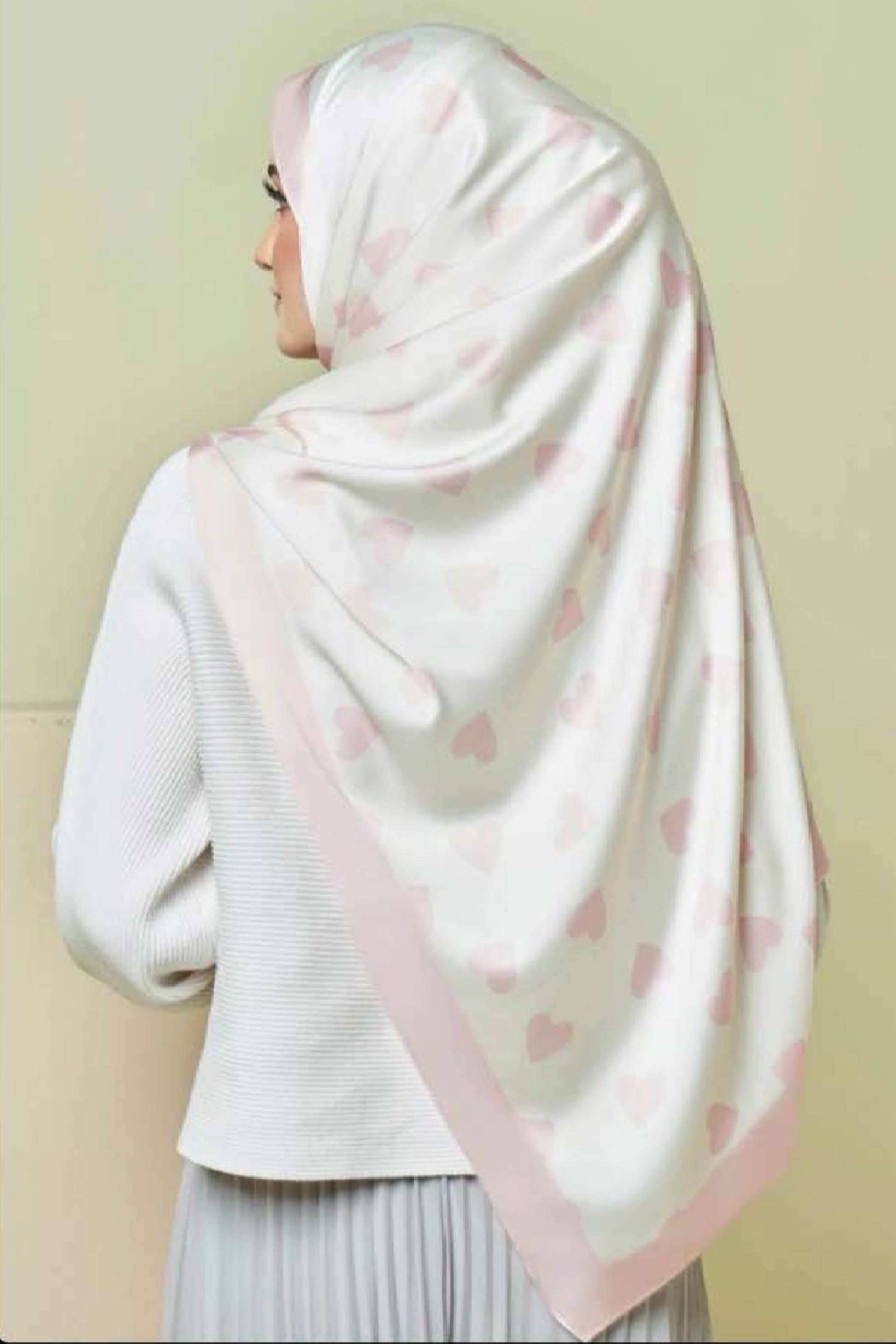 3 Piece Printed Pink Heart Smoothy Silk Scarf Hijab For Women