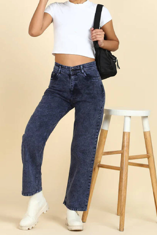 Wide Leg Straight Fit Cotton Denim Jeans For Women
