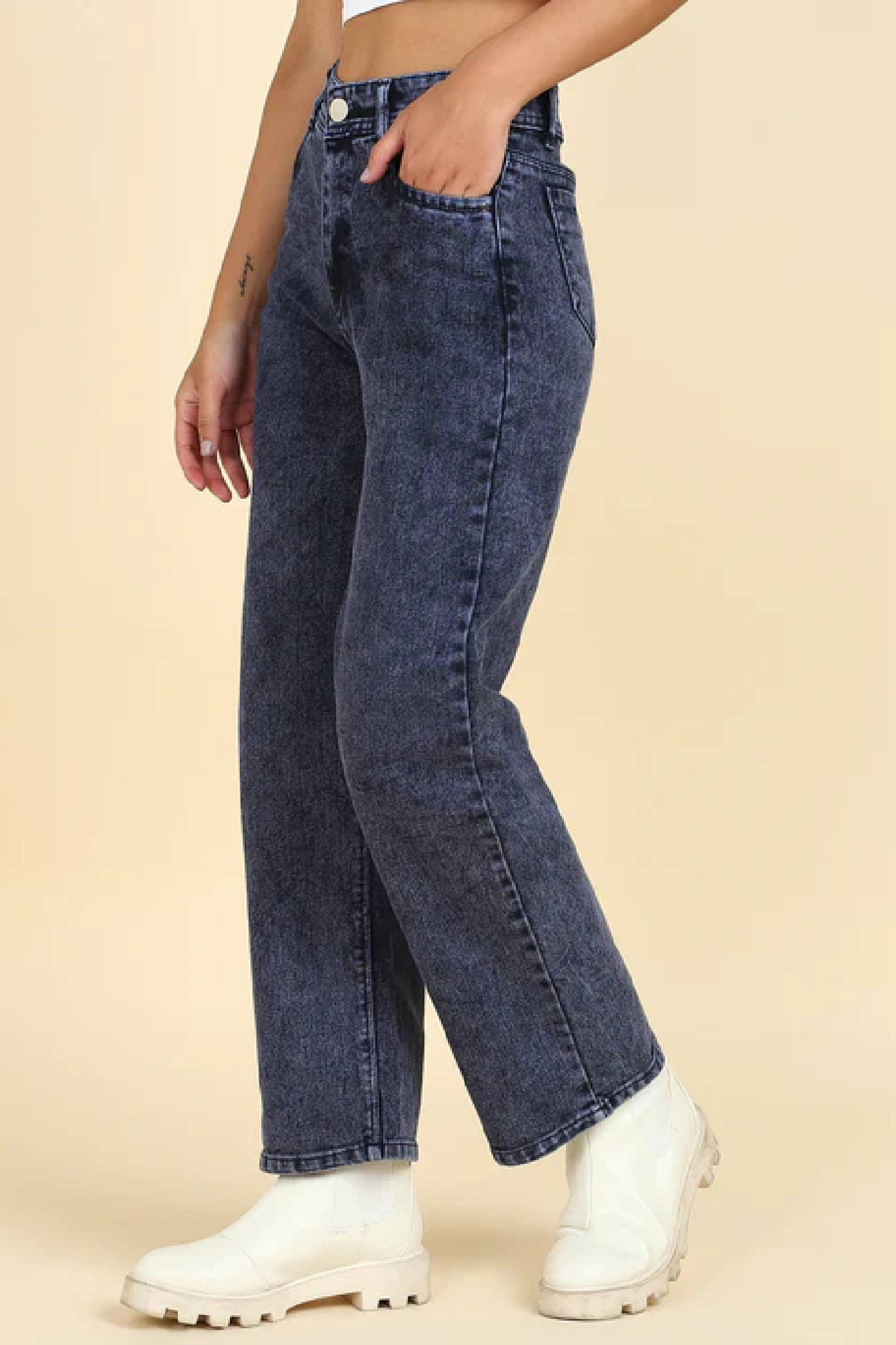 Wide Leg Straight Fit Cotton Denim Jeans For Women