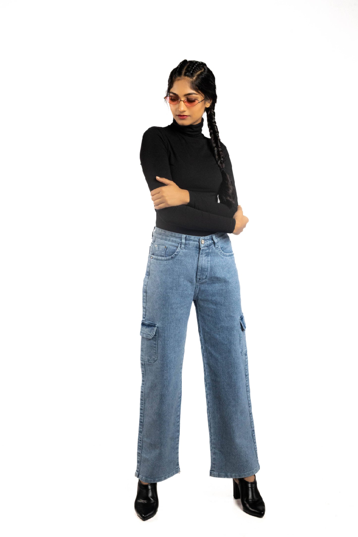 Wide Leg Straight Fit Cargo Denim Jeans For Women