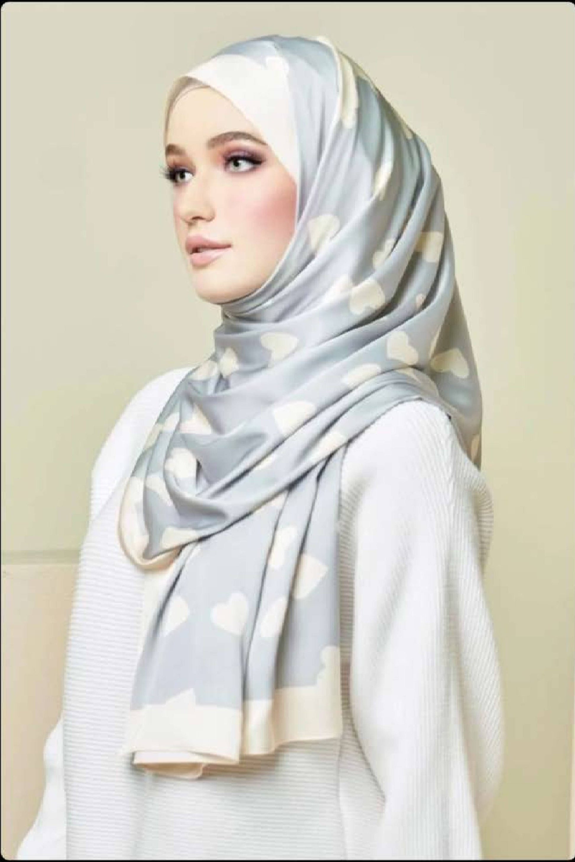 Printed Heart Smoothy Silk Grey Scarf Hijab For Women