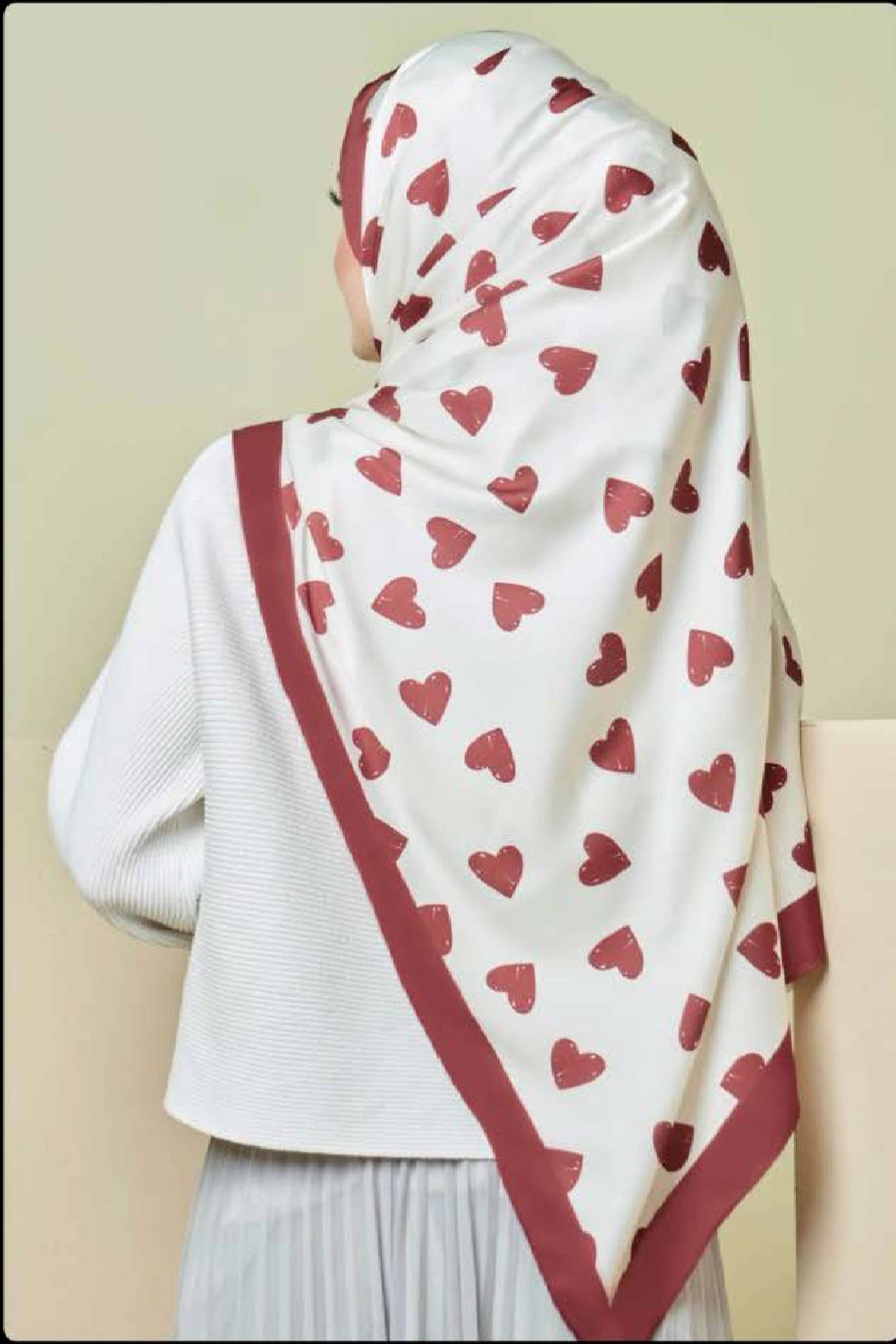 Printed Red Heart Elegance : Womens Printed Silk Hijab Scarf