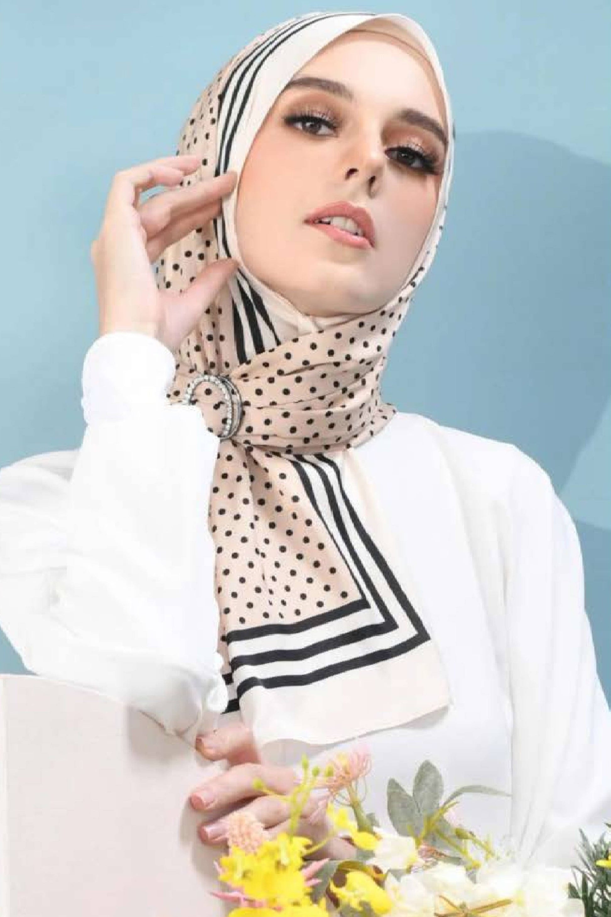 Printed Dots Smoothy Silk Beige Scarf Hijab For Women