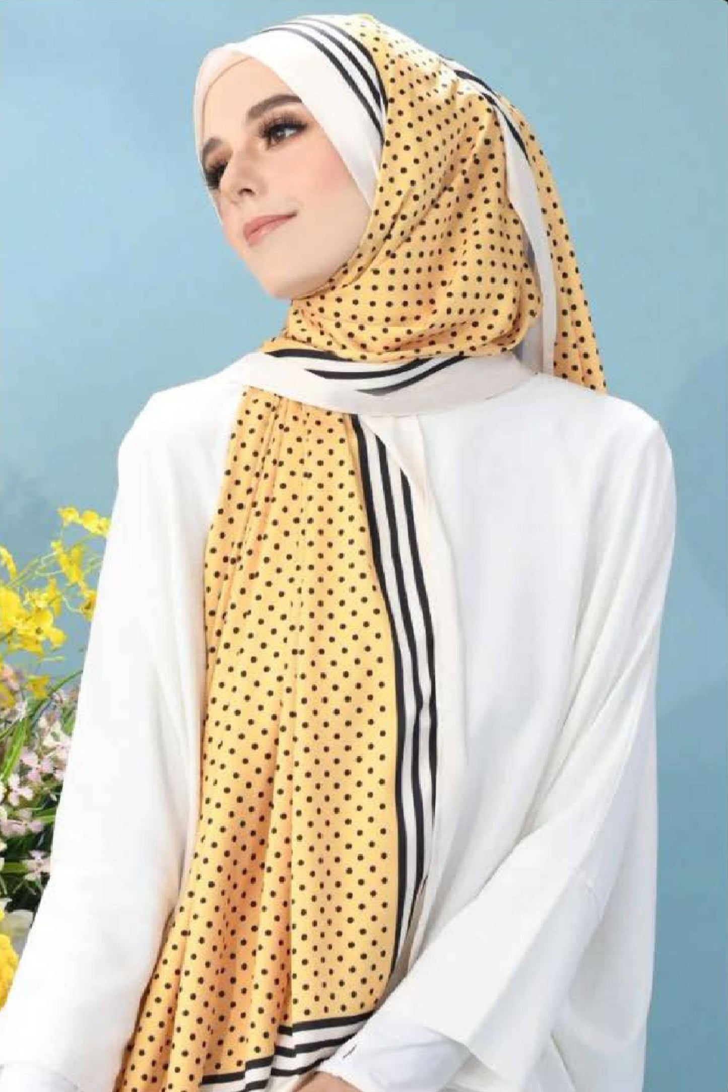  Printed Dots Smoothy Silk Yellow Scarf Hijab For Women
