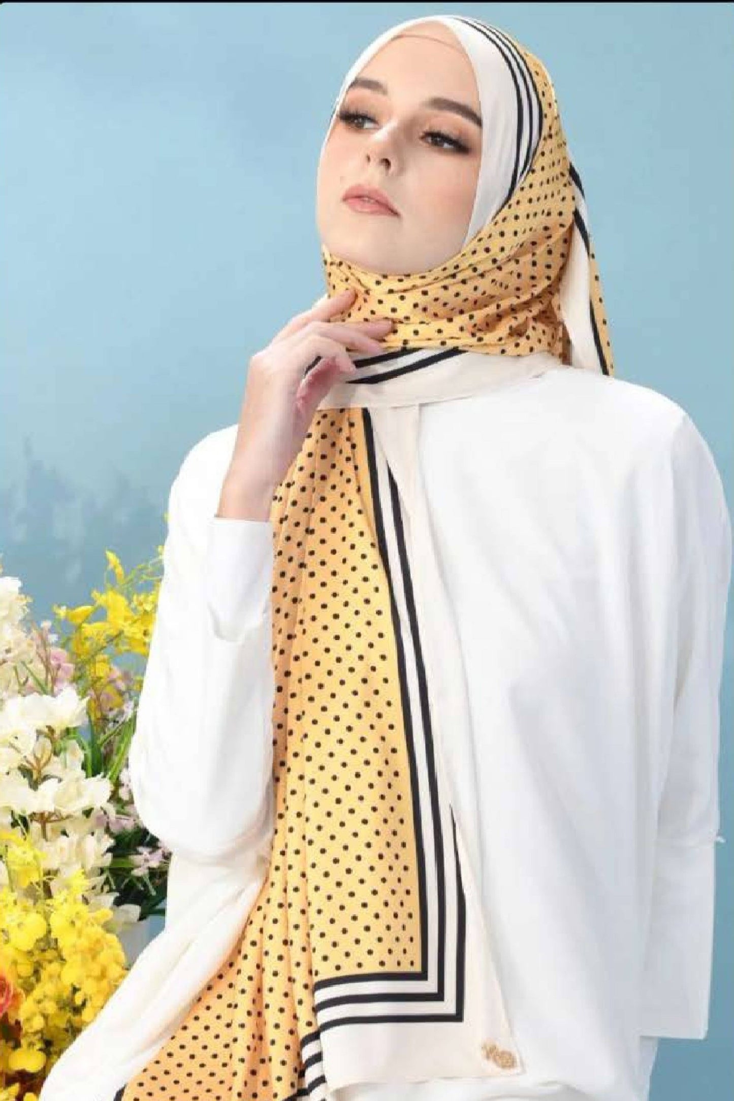 3 Piece Printed Dots Smoothy Silk Yellow Scarf Hijab For Women