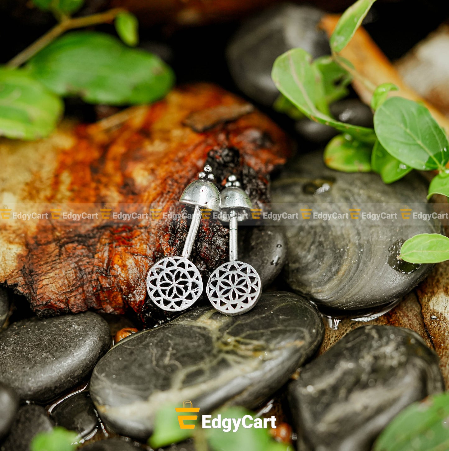 Oxidised Bell Stud Silver Plated Earring