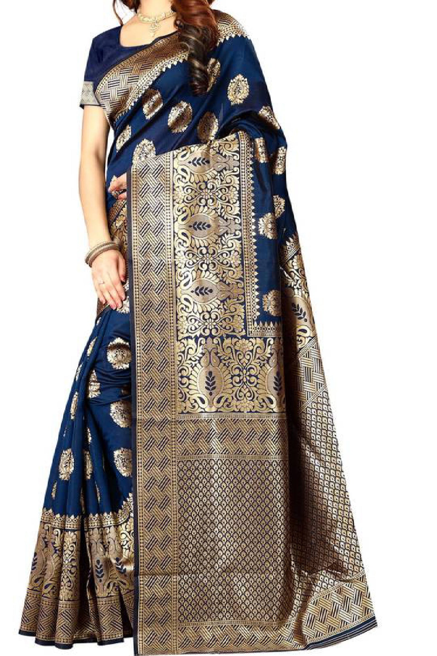 NaVY Blue Banarasi Silk Saree with Exquisite Woven Work and Designer Borders