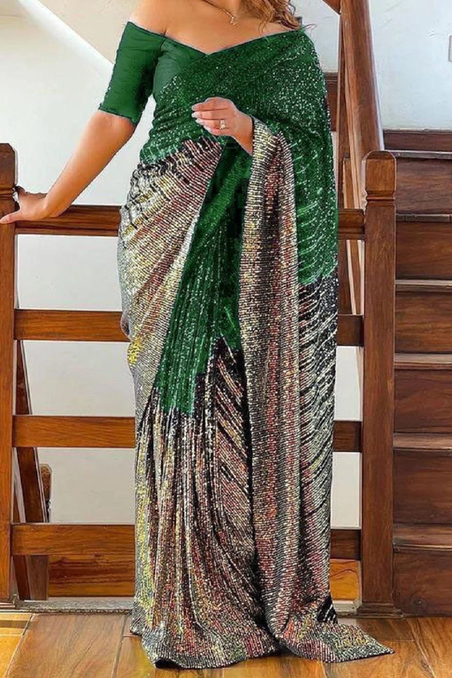 Sequences Georgette Embroidery Bottle Green Saree