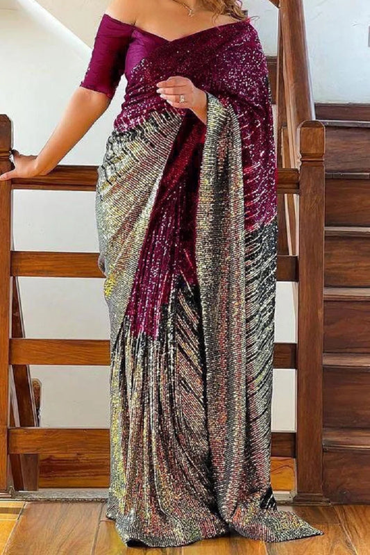 Sequences Georgette Embroidery Burgundy Saree