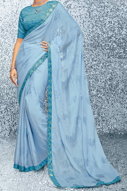 Printed Satin Chiffon Designer Blue Colour Saree 