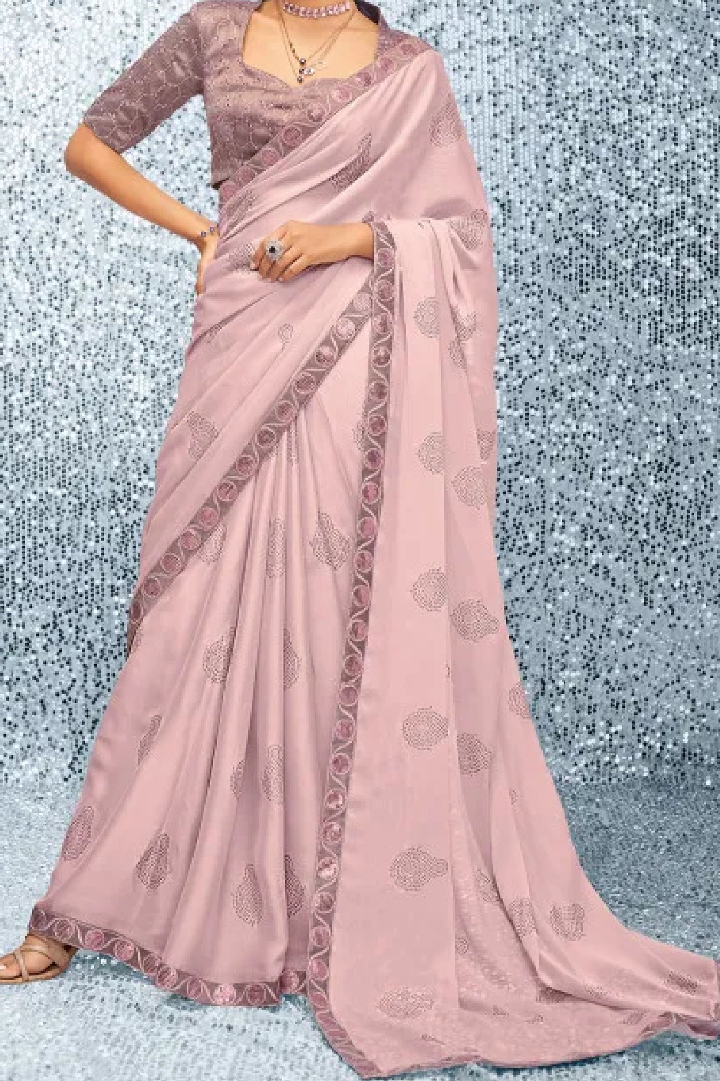 Printed Faux Satin Chiffon Designer Dusty Pink Saree