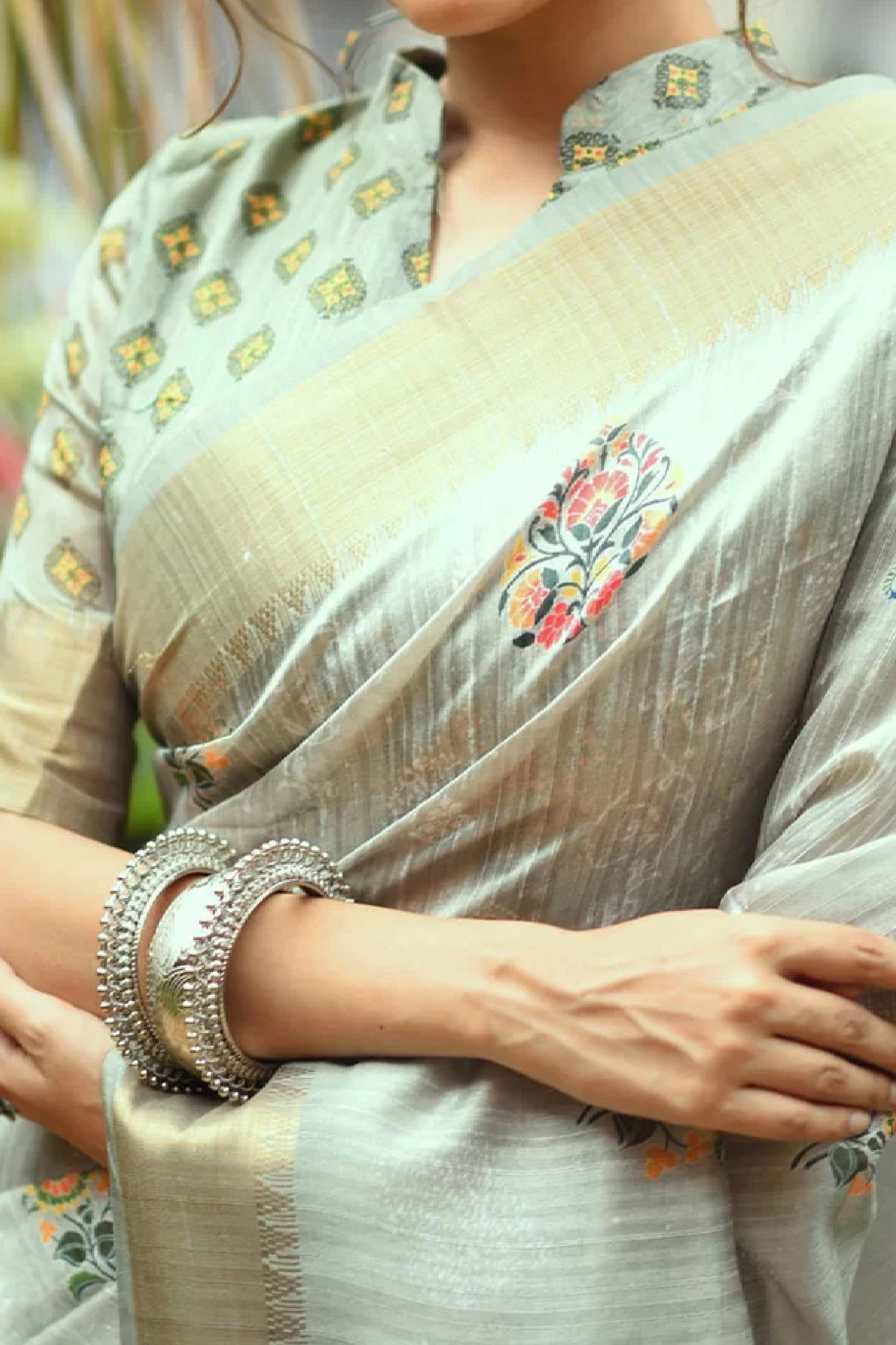 grey Tussar silk sarees with woven border design