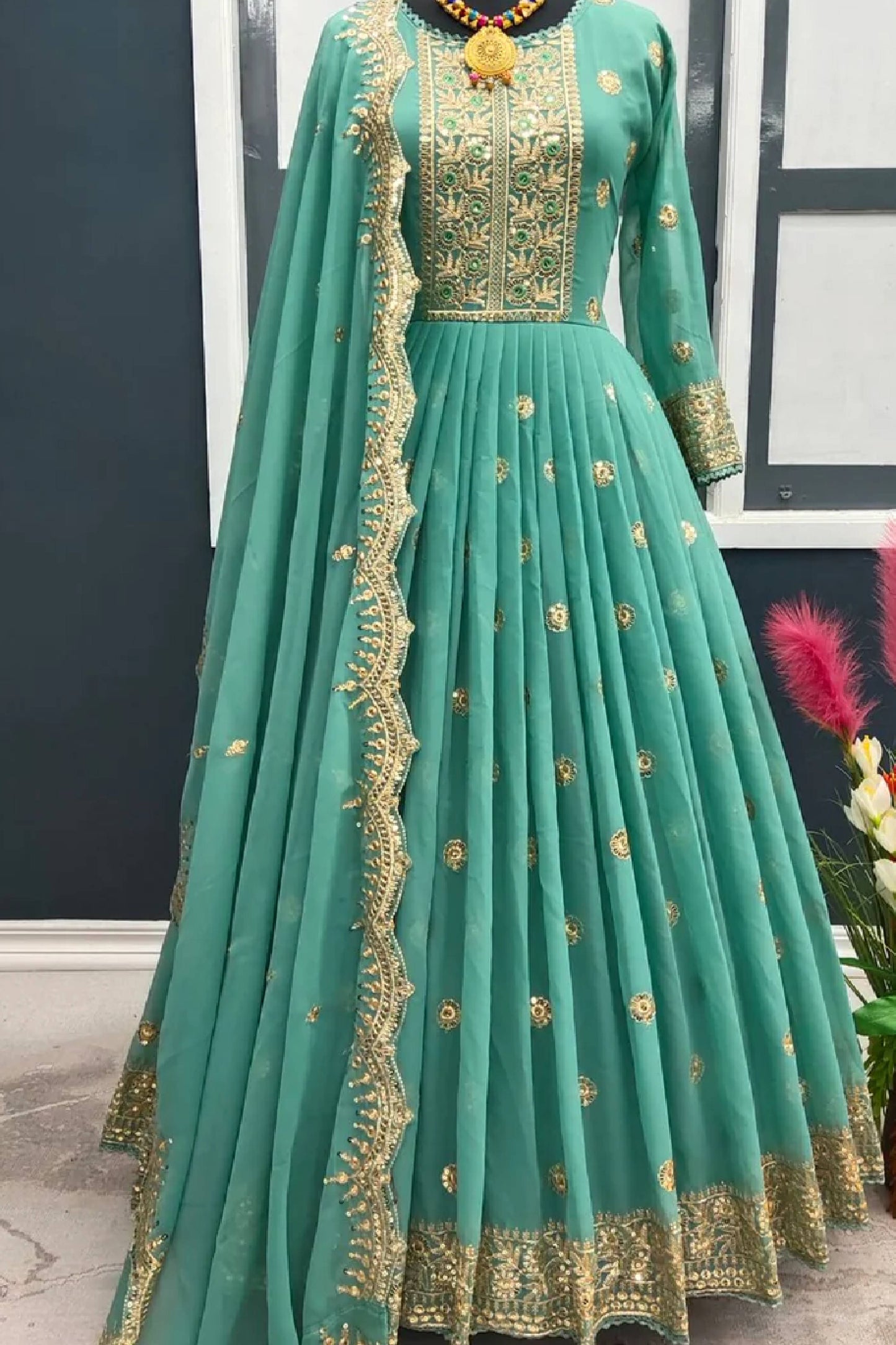 Heavy Faux Georgette Sequins Green Gown