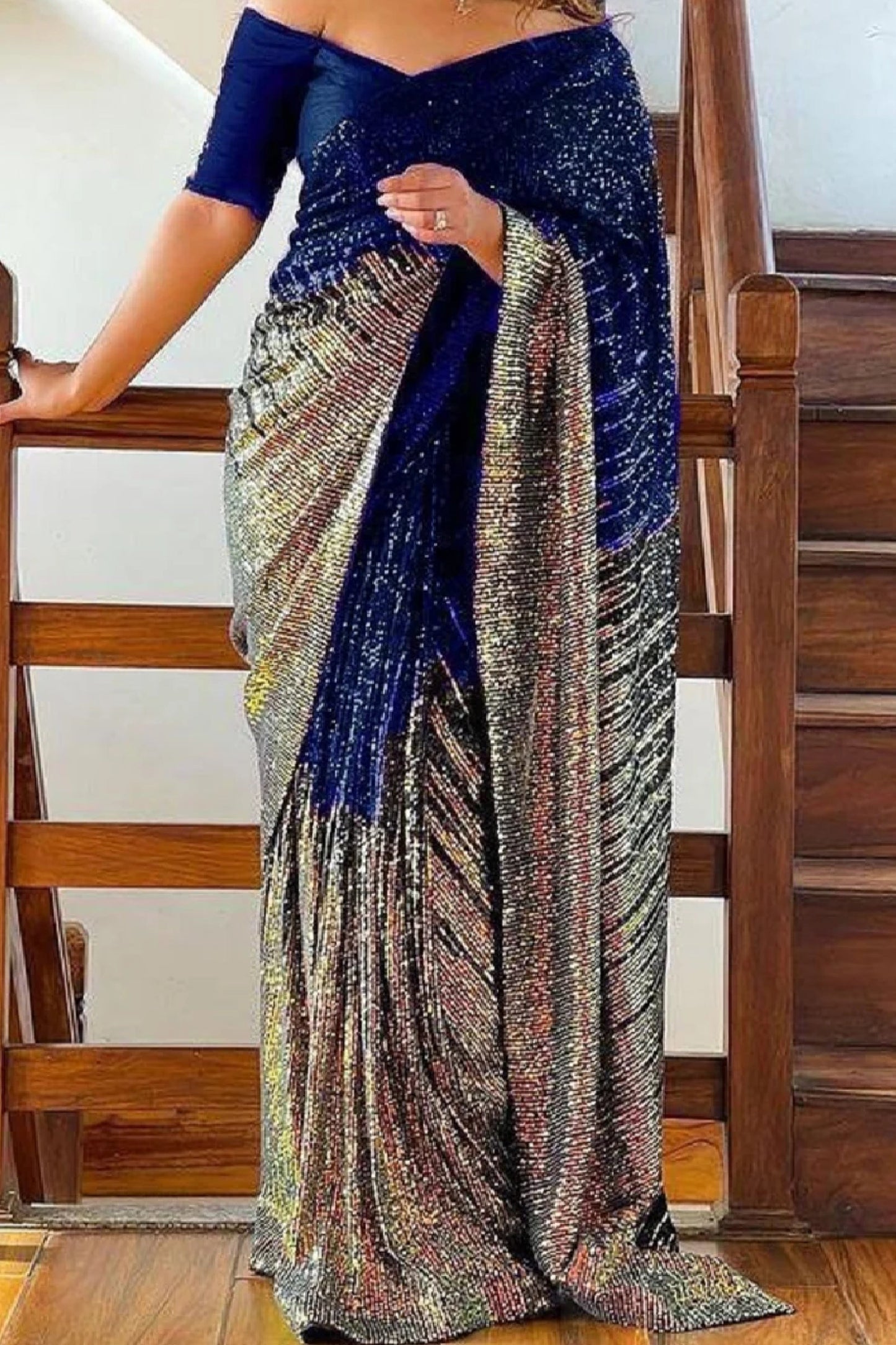 Sequences Georgette Embroidery Navy Blue Saree