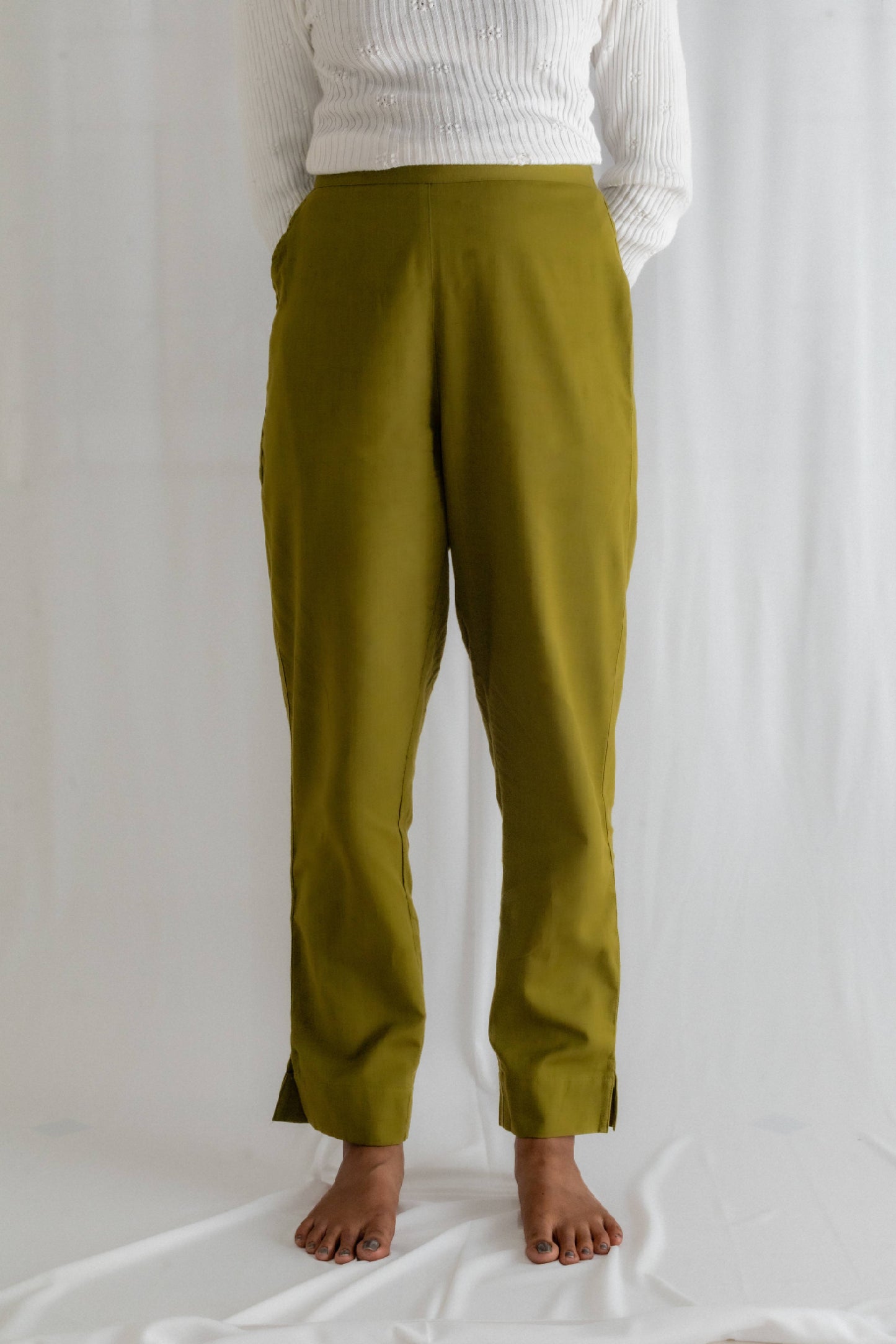 Solid Olive Green Cotton Pant For Women