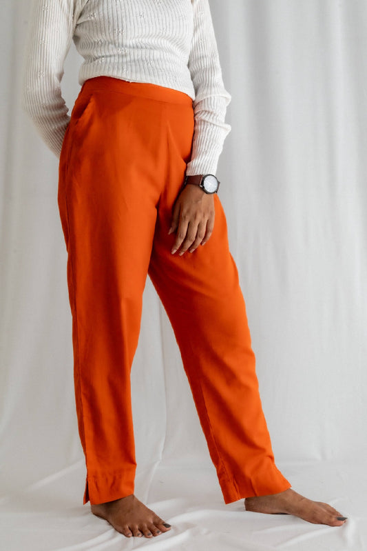 Solid Orange Cotton Pant For Women