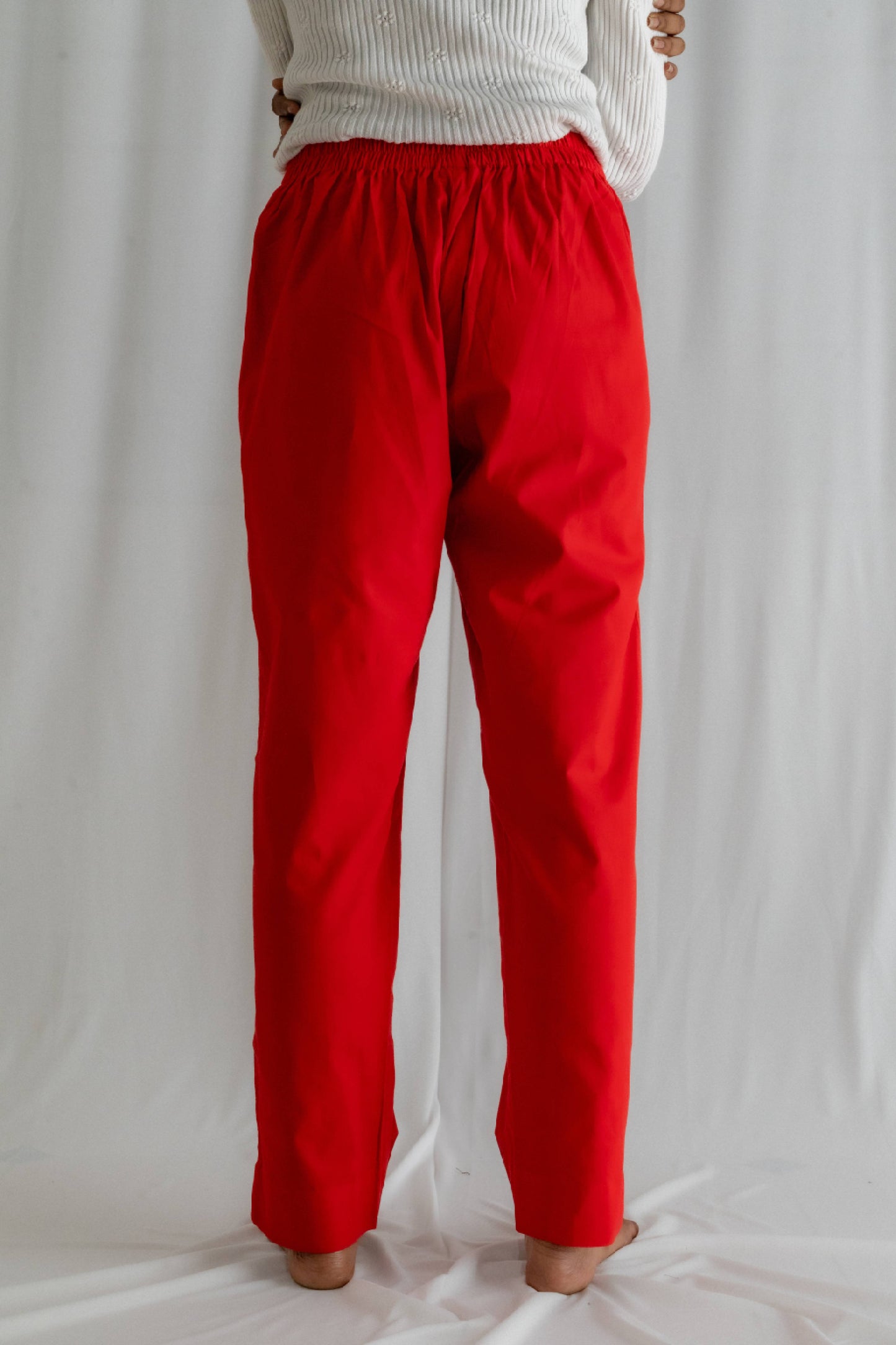 Solid Red Cotton Pant For Women