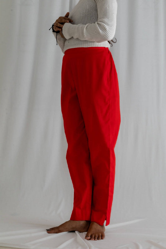 Solid Red Cotton Pant For Women