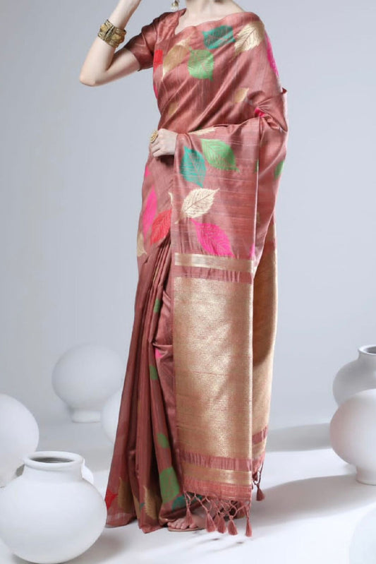 Peach Tussar Silk Weaving Leaf Design Saree