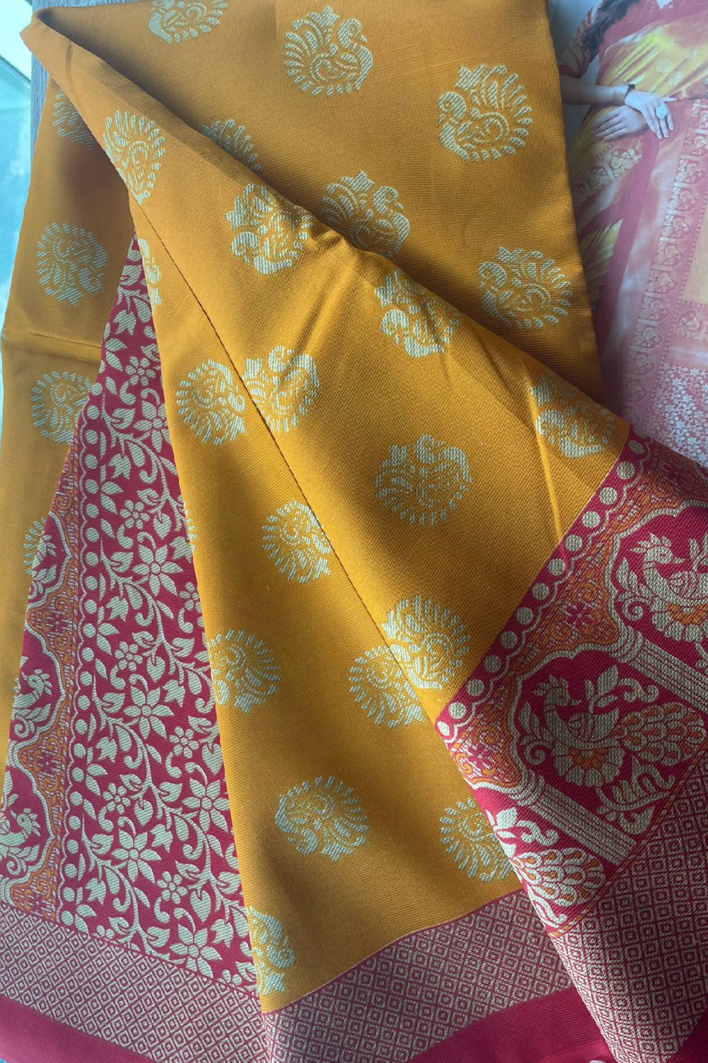 Printed-Geometric Mustard Cotton Silk Saree