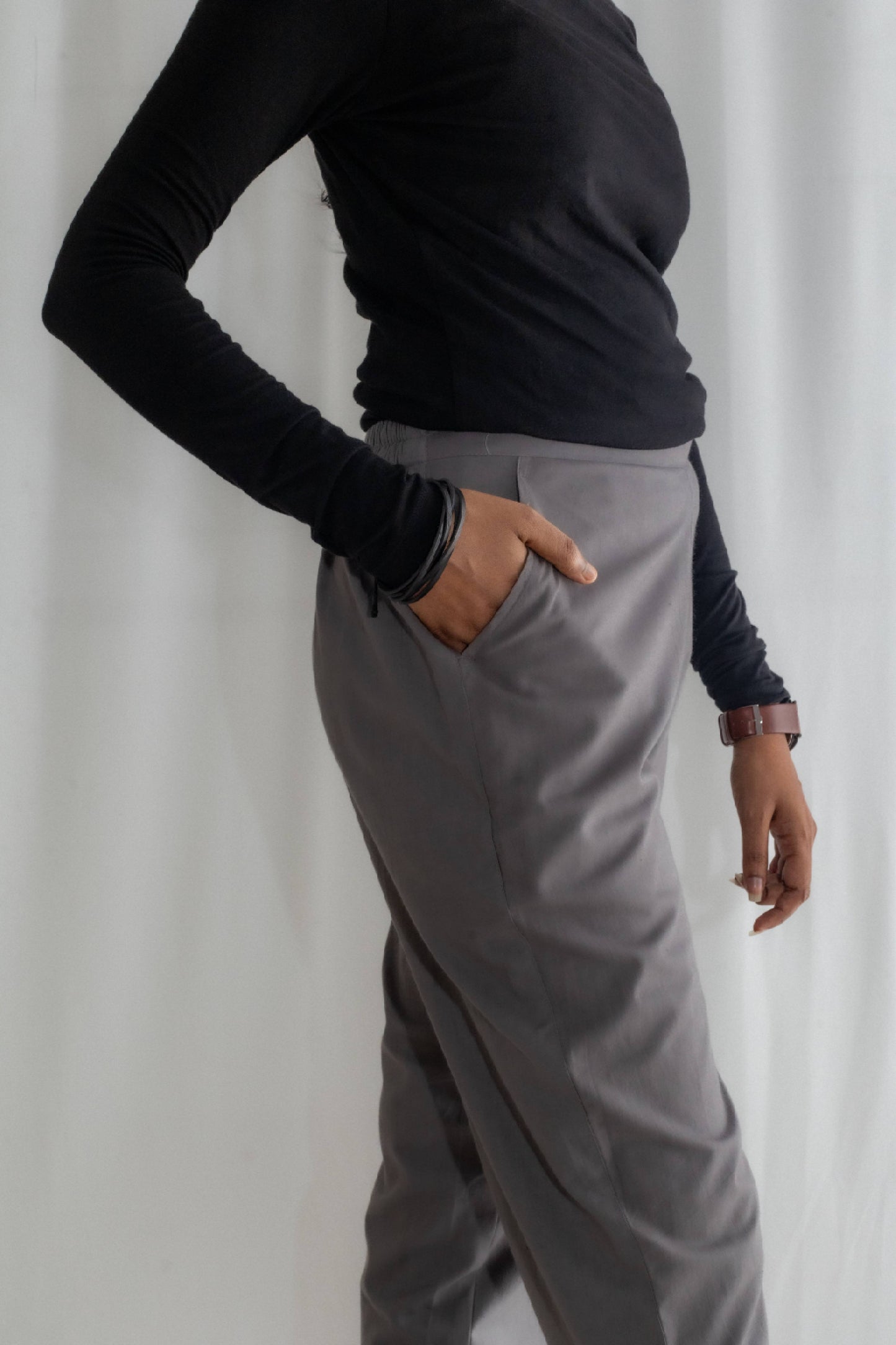 Solid Grey Cotton pant For Women