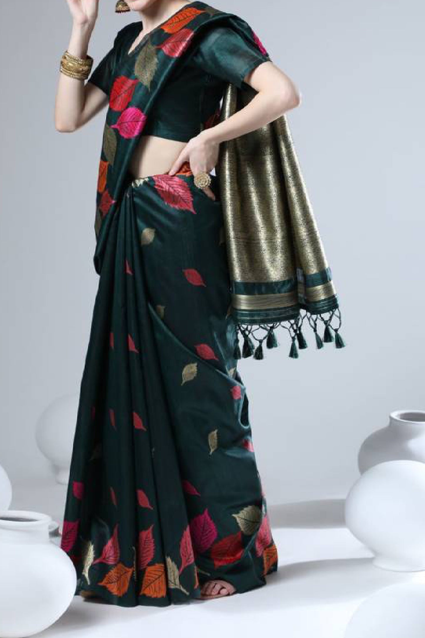 Teal Green Tussar Silk Weaving Leaf Design Saree