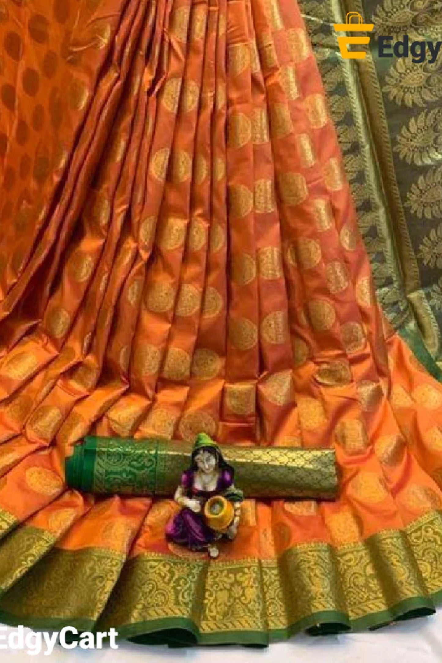 Orange Jacquard Woven Fabric Kanjivaram Silk Saree