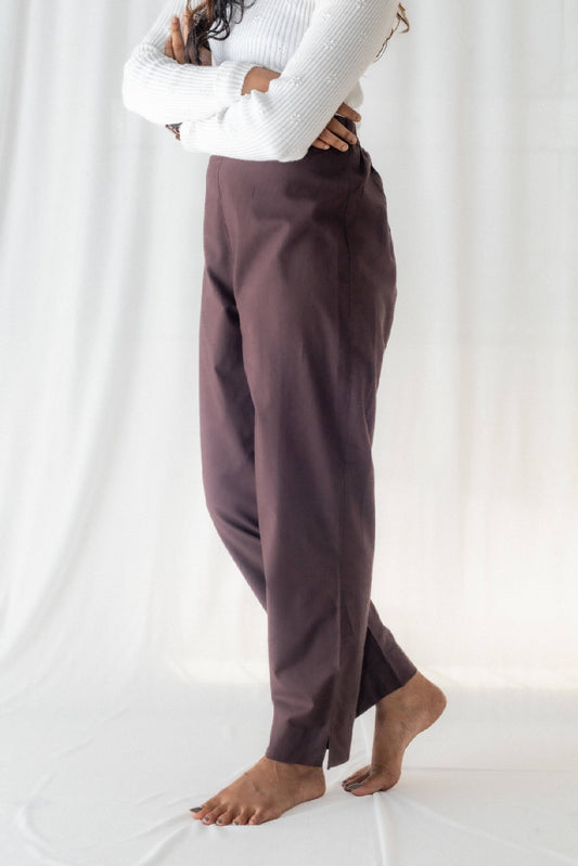 Solid Brown Cotton Pant For Women