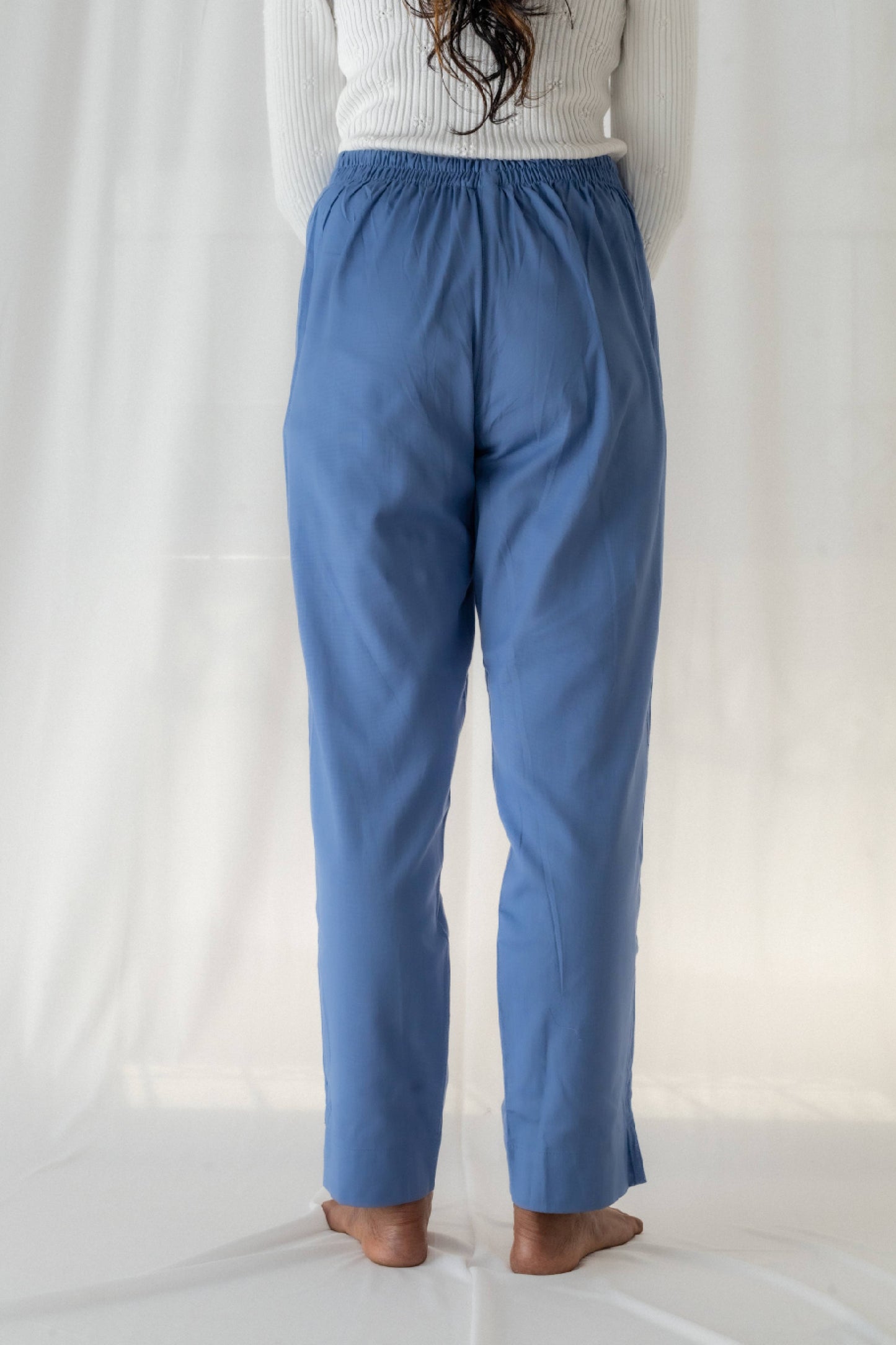 Solid Blue Cotton Pant For Women
