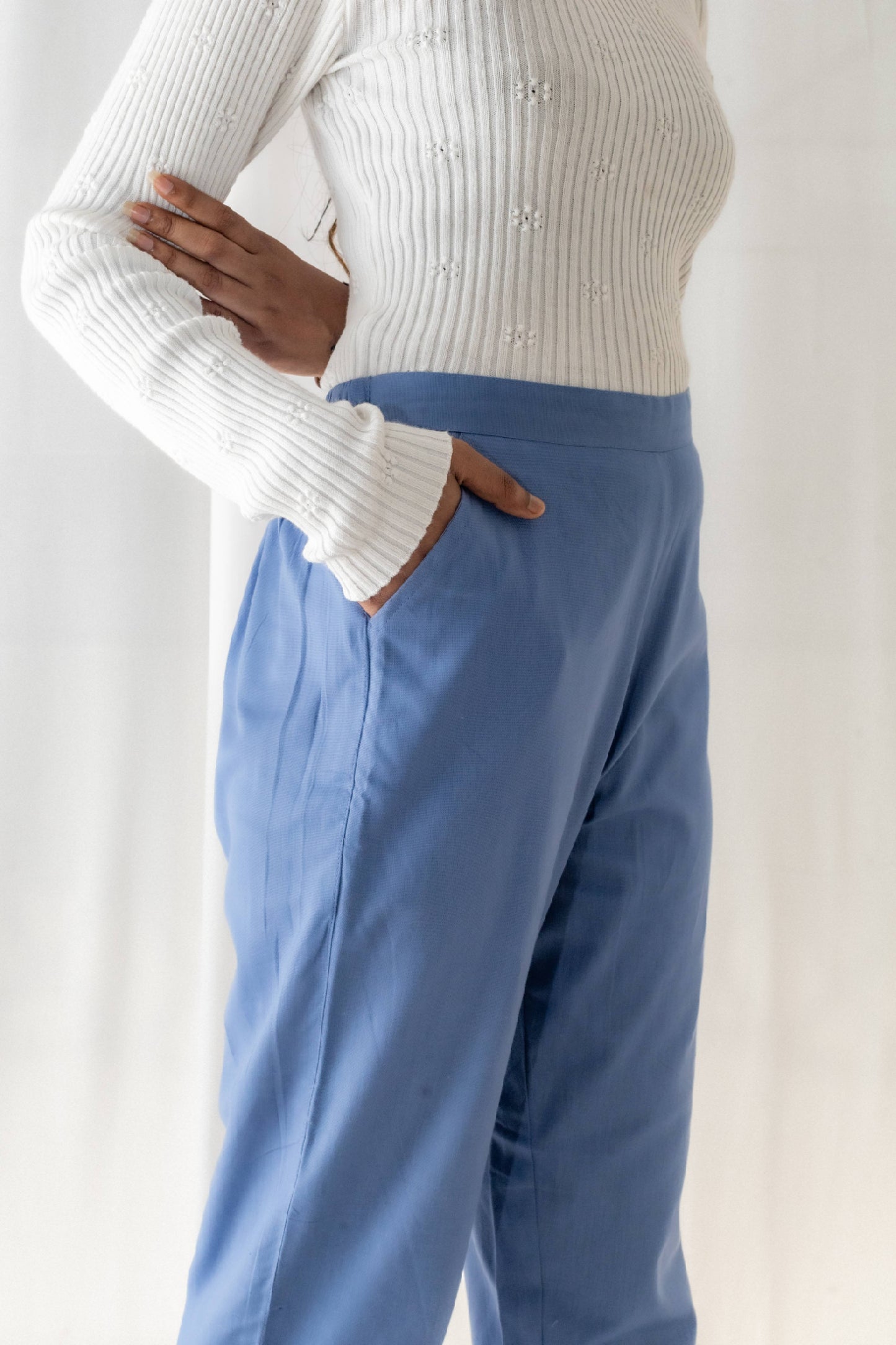 Solid Blue Cotton Pant For Women