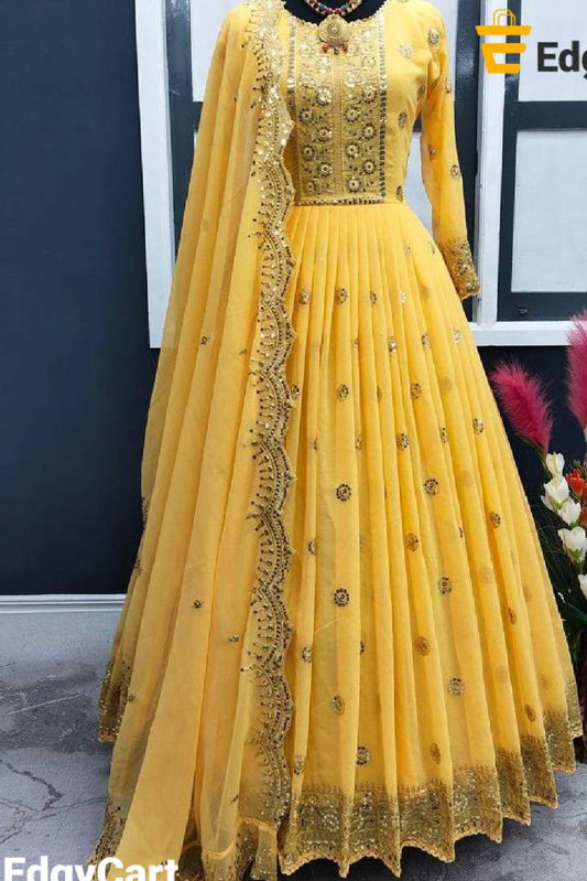 Heavy Faux Georgette Sequins Yellow Gown