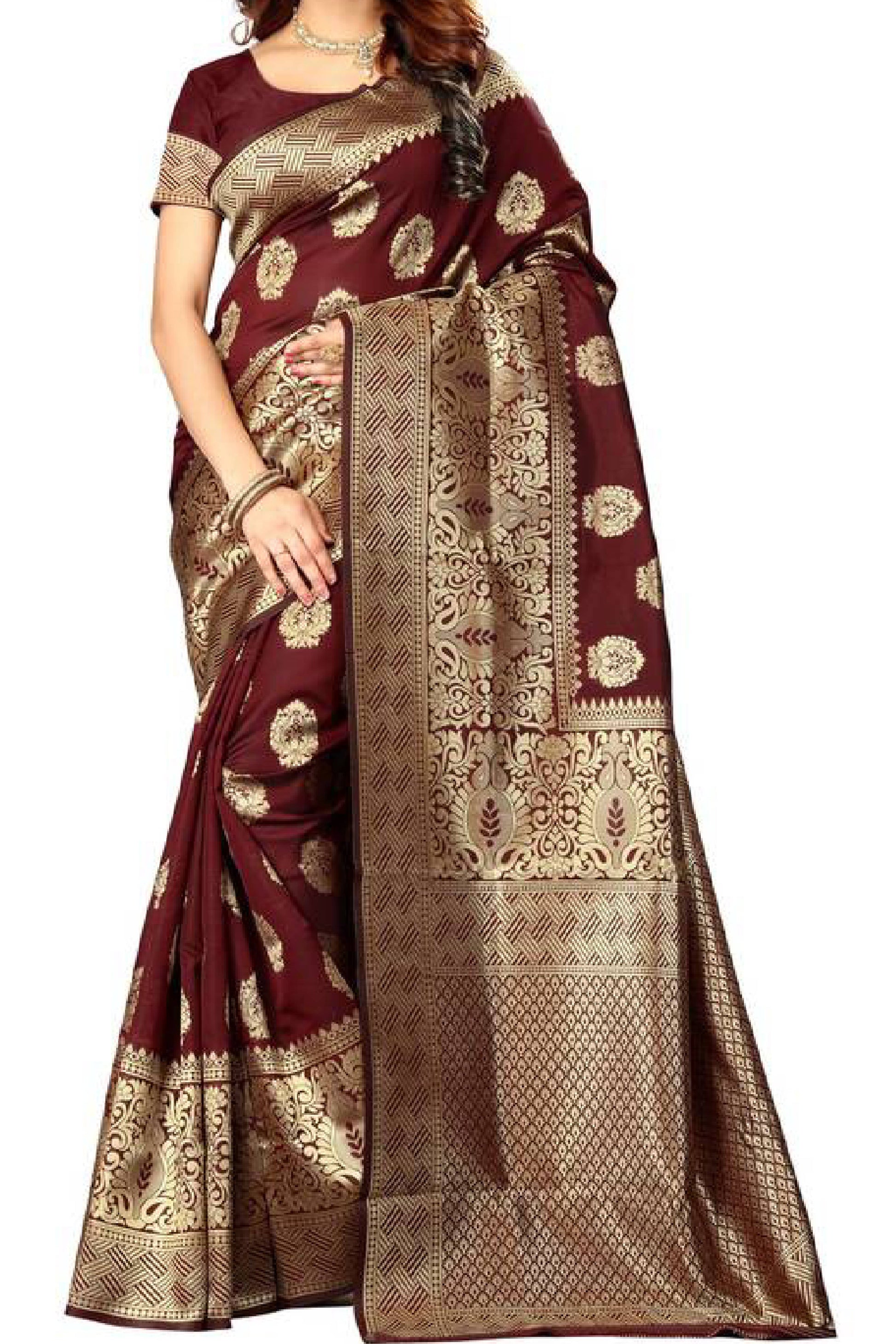 maroon Banarasi Silk Saree with Exquisite Woven Work and Designer Borders