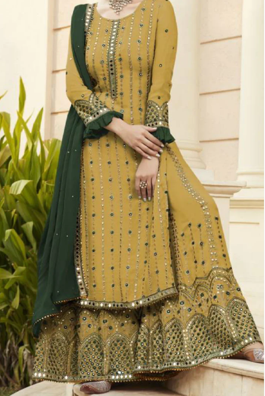 Exclusive Embroidered Mirror Work Mustard Sharara Suit