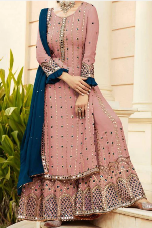 Exclusive Embroidered Mirror Work Dusty Pink Sharara Suit