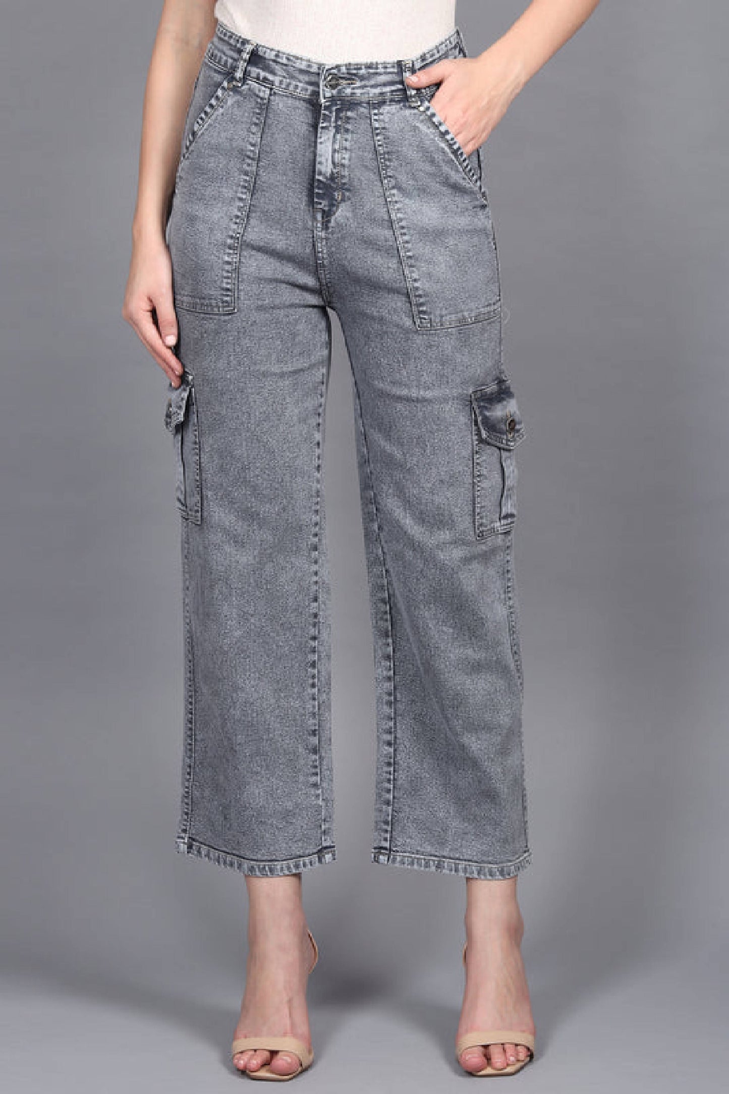 Grey Denim Cargo Jeans For Women