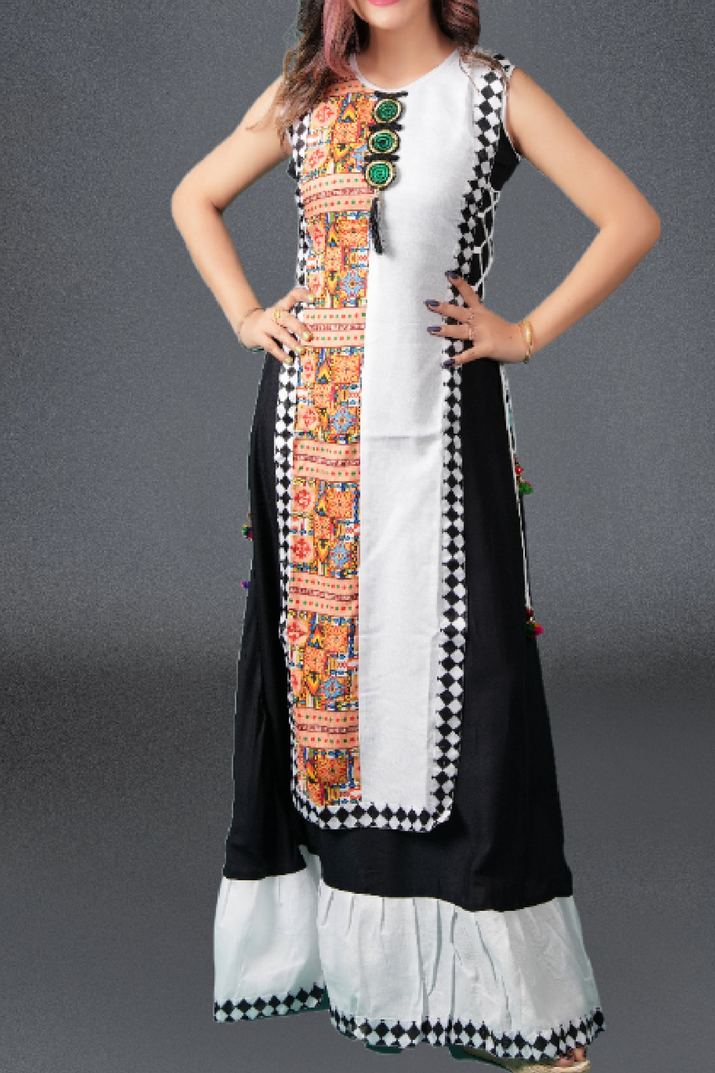 Designer Party Wear Long Black & White kurti