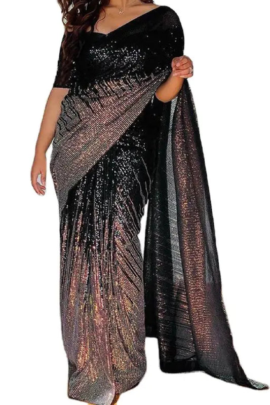Sequences Georgette Embroidery Black Saree