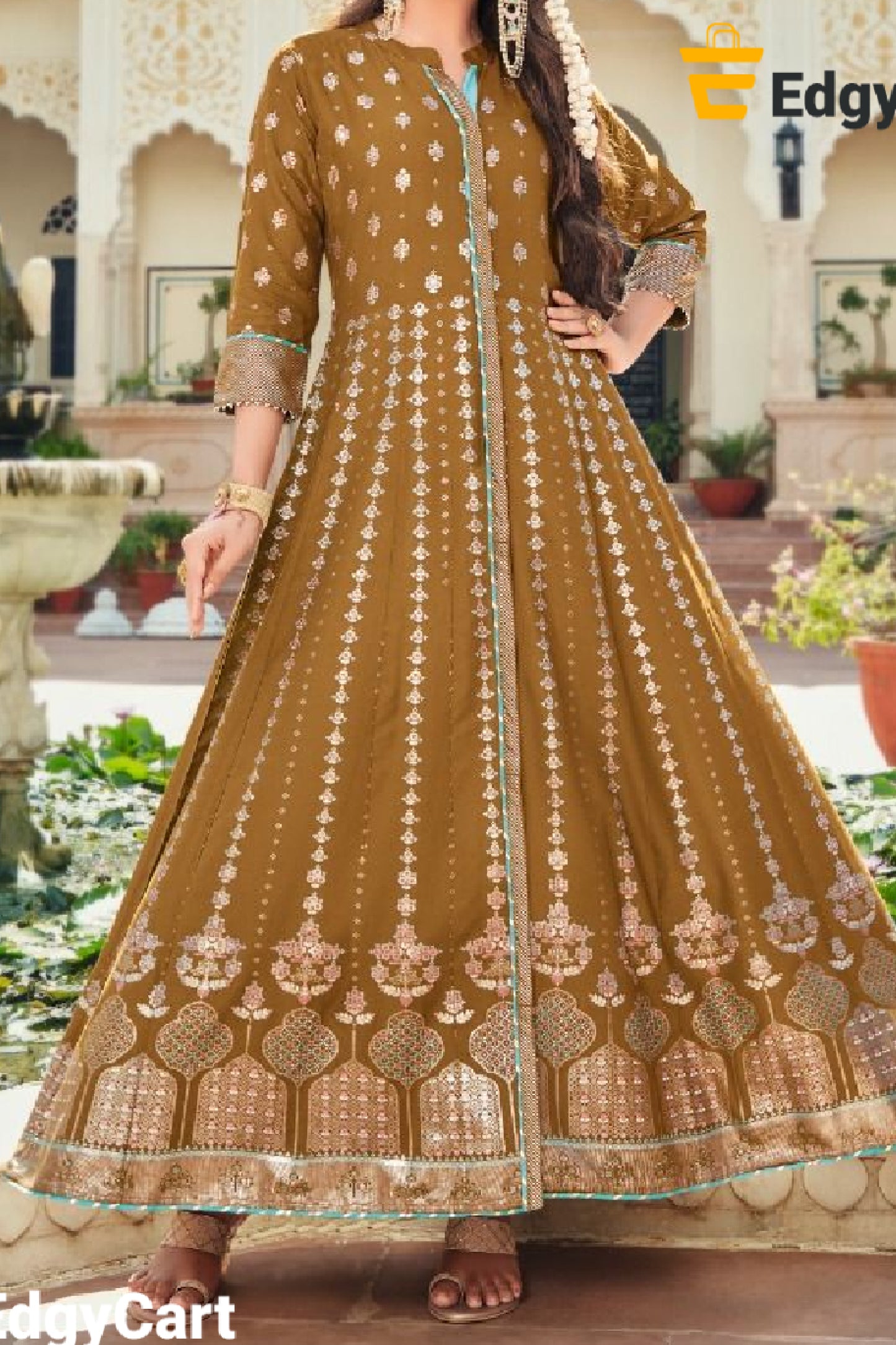 Fancy Embroidery work & Foil Prints Light Brown Gown