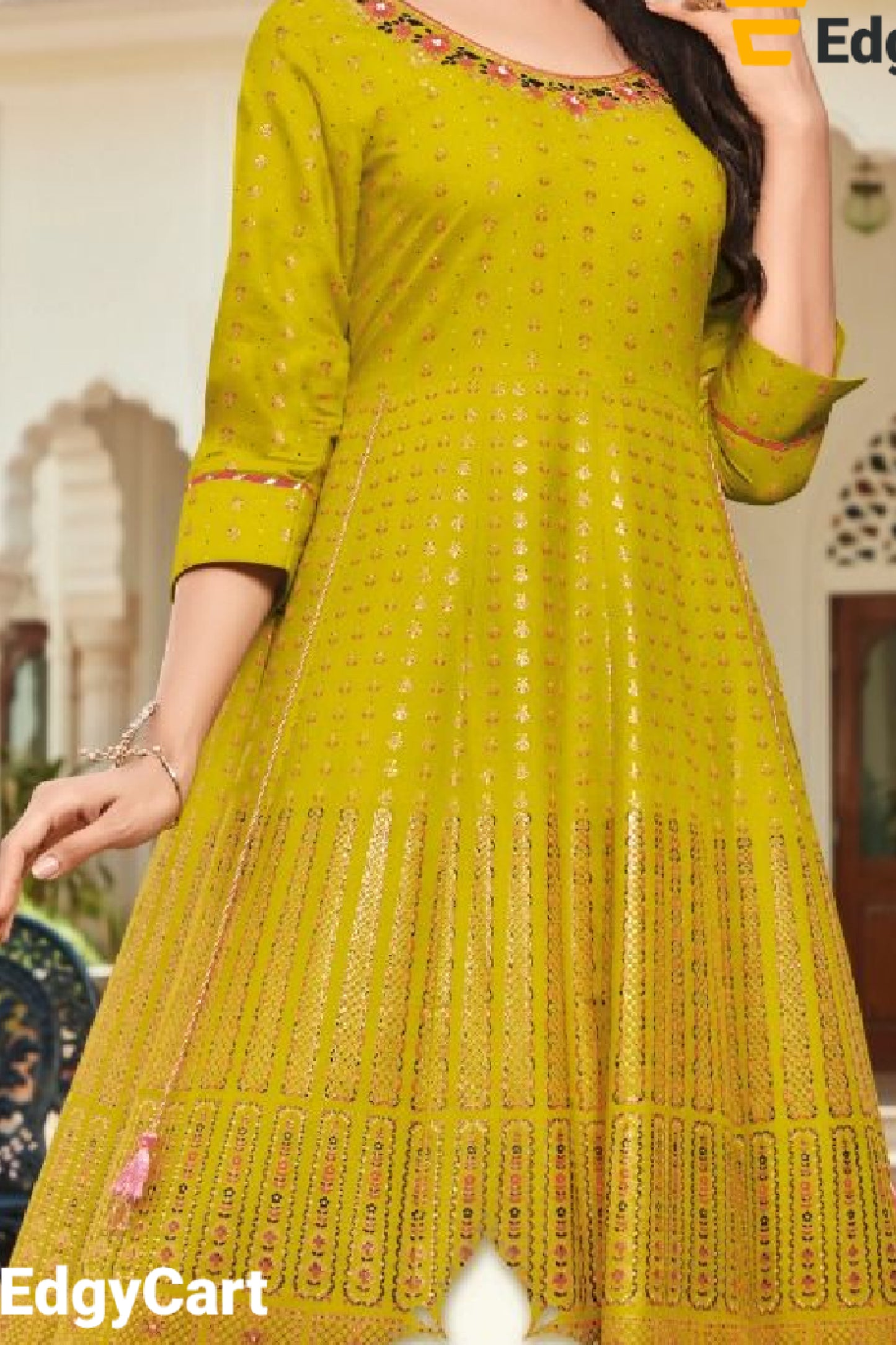 Fancy Embroidery work & Foil Prints Yellow Gown