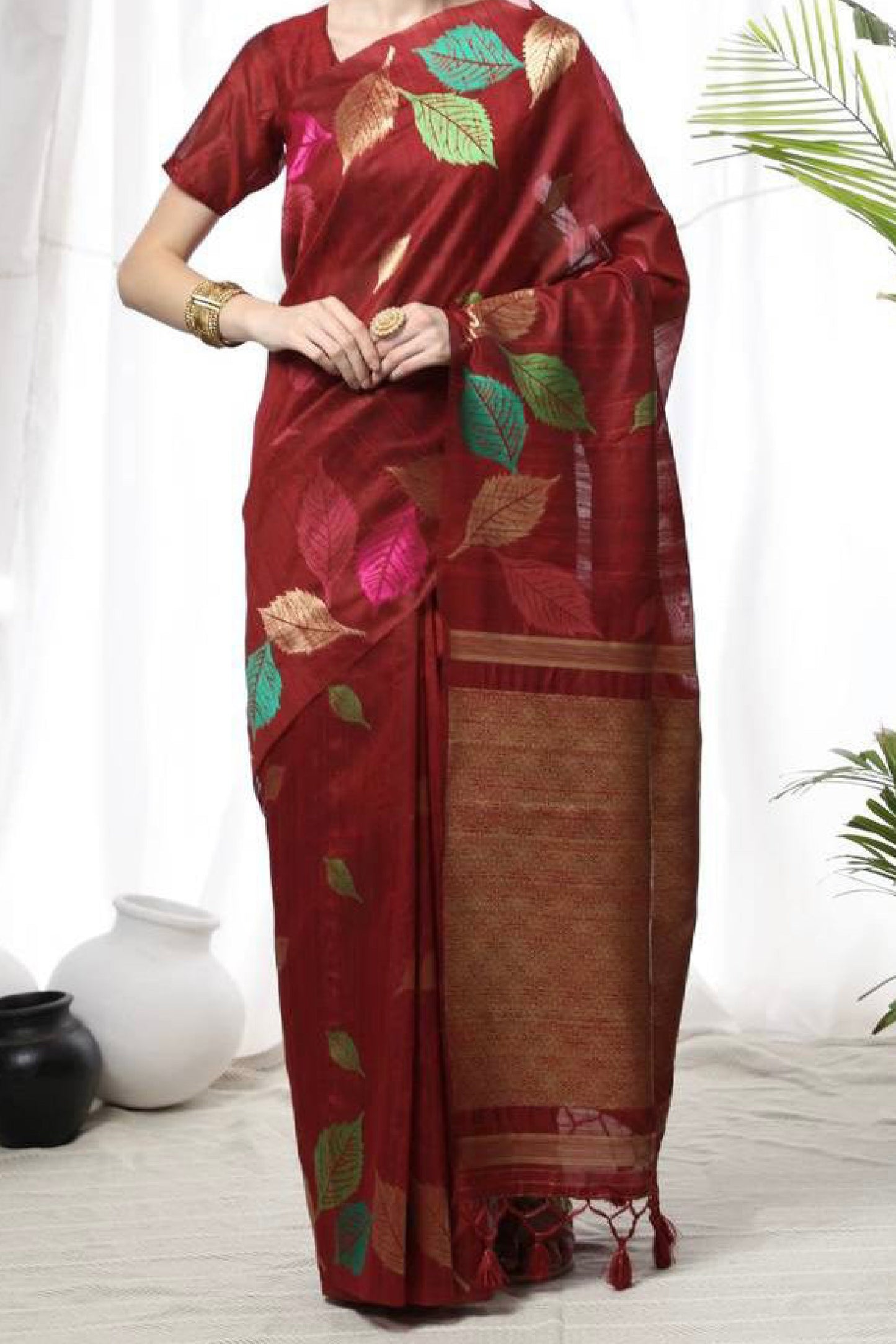 Red Tussar Silk Weaving Leaf Design Saree