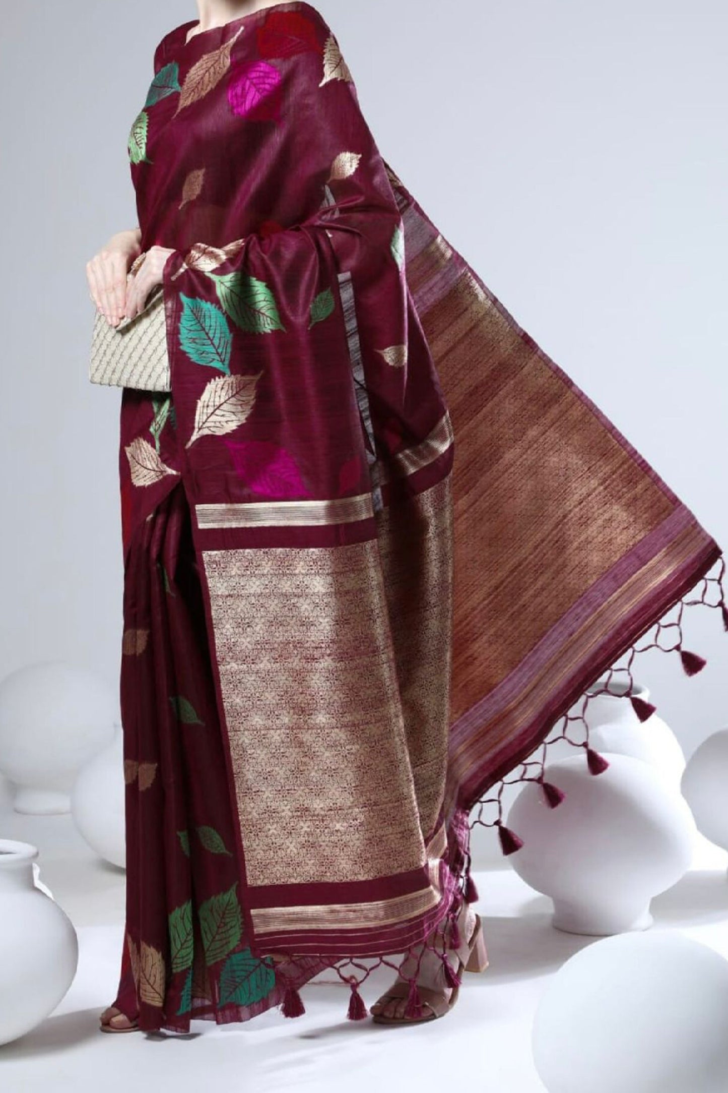 Maroon Tussar Silk Weaving Leaf Design Saree