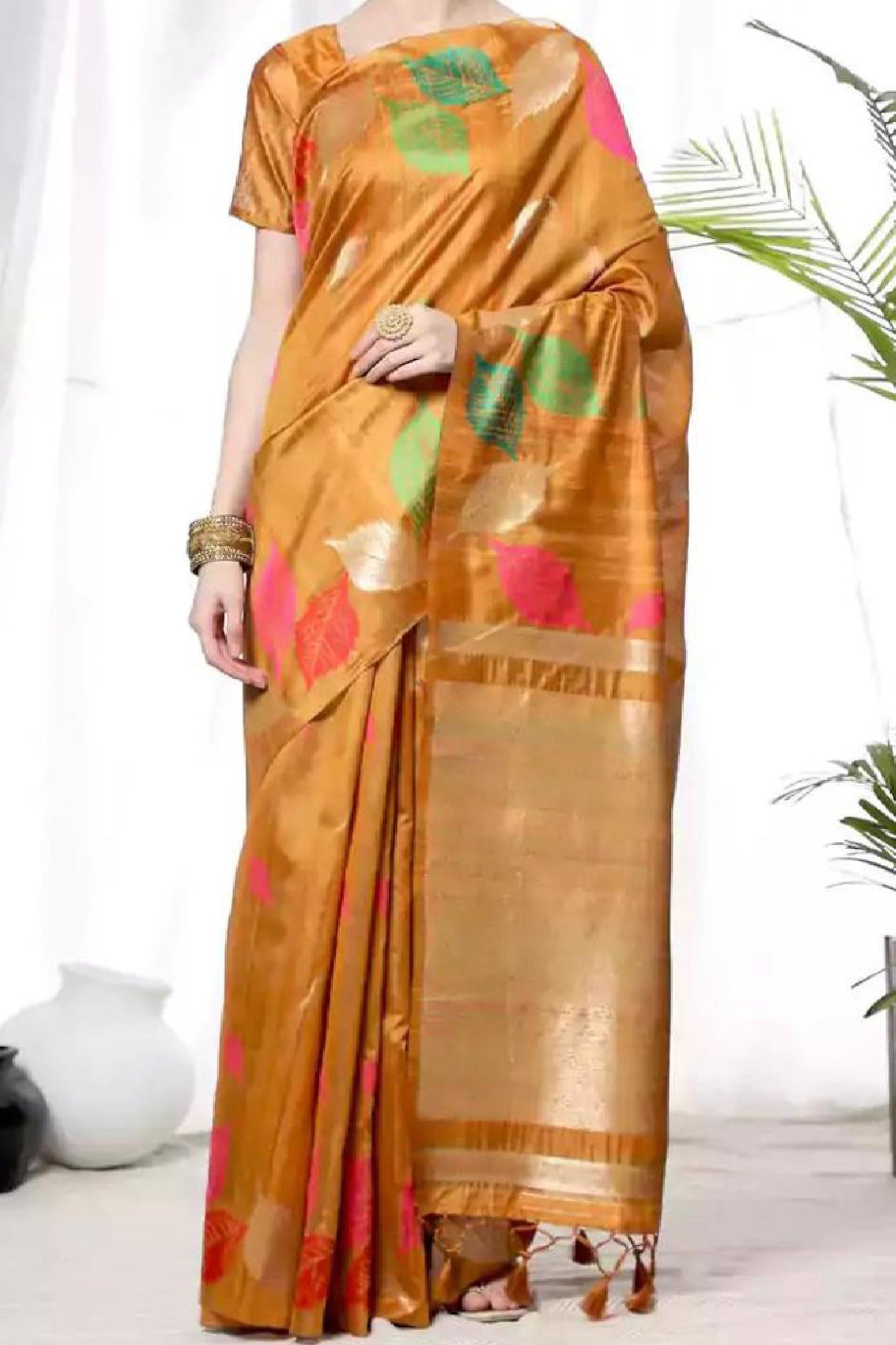 Mustard Tussar Silk Weaving Leaf Design Saree