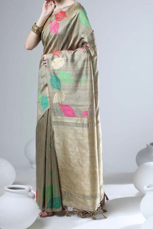 Nomad Tussar Silk Weaving Leaf Design Saree