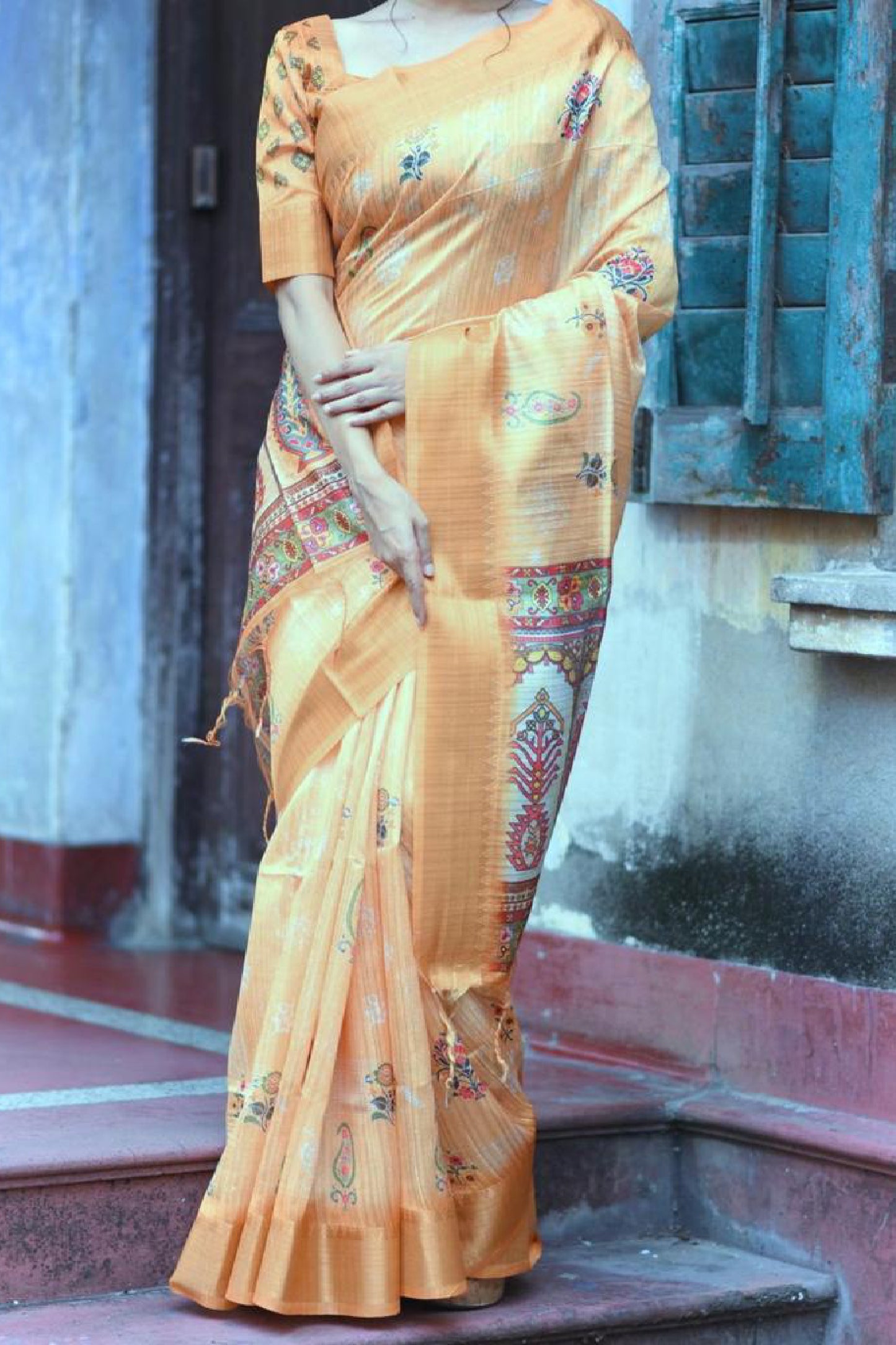 light orange colour Tussar silk sarees with woven border design