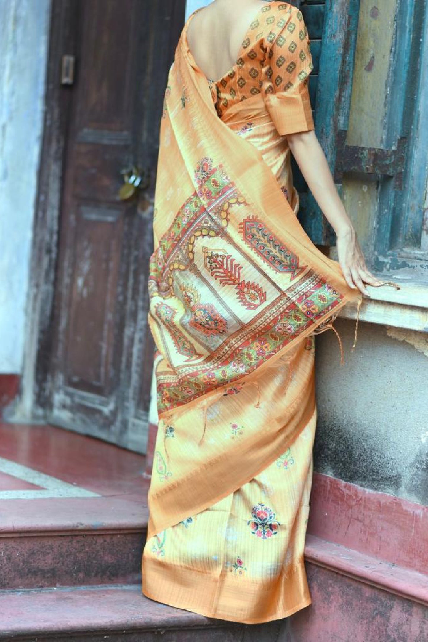 orange designing colour Tussar silk sarees with woven border design